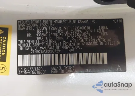 2011 Lexus Rx из США, поврежденный, VIN 2T2BK1BA4BC087291